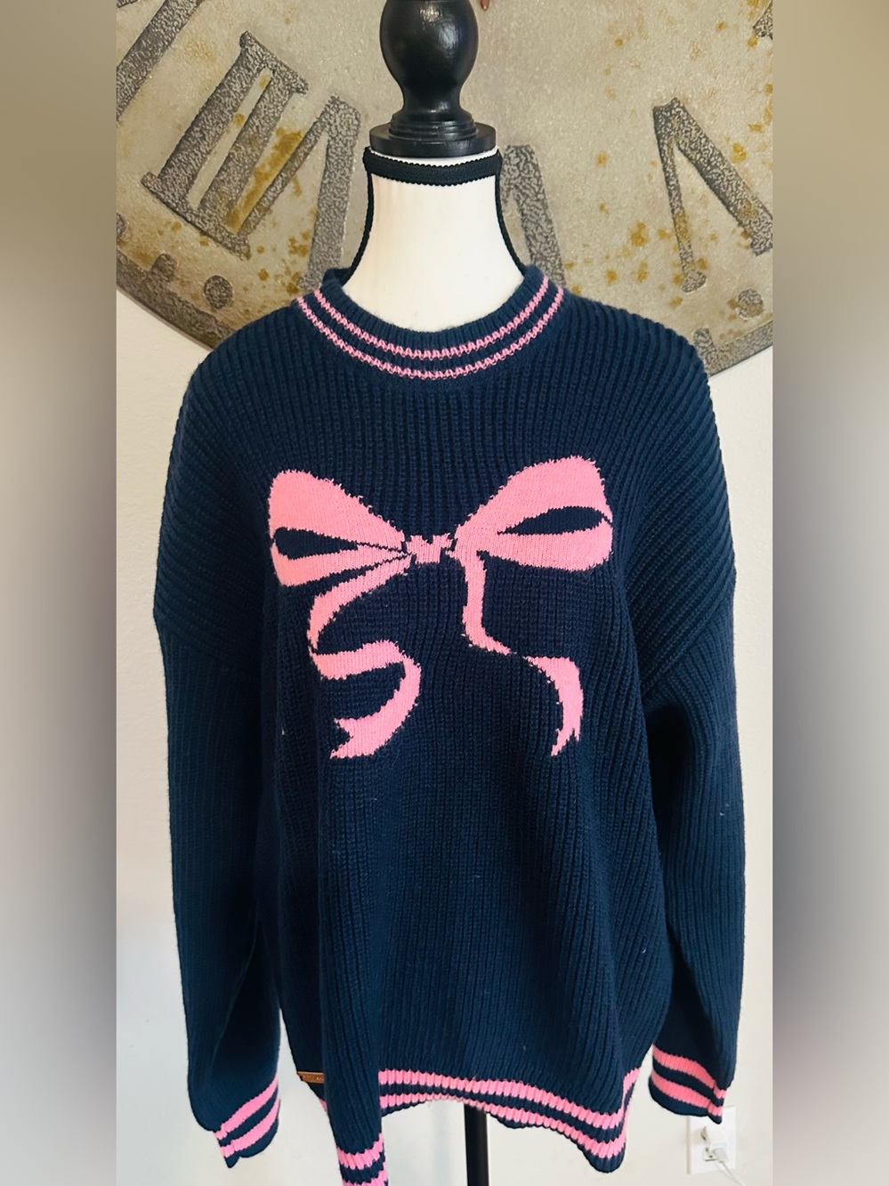 Simply Southern Navy Sweater with Pink Bow Accents